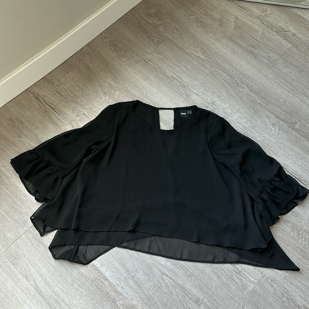 ASOS sheer black blouse with ruffle bell sleeves